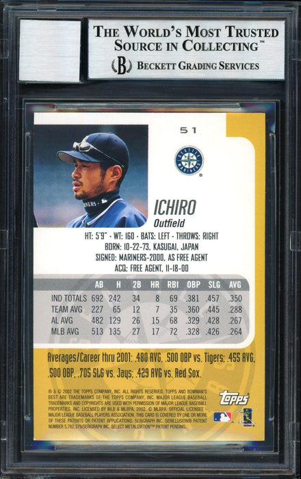 Ichiro Suzuki Autographed 2002 Bowman's Best Card #51 Seattle Mariners Auto Grade 10 Beckett BAS #12491094 - RSA