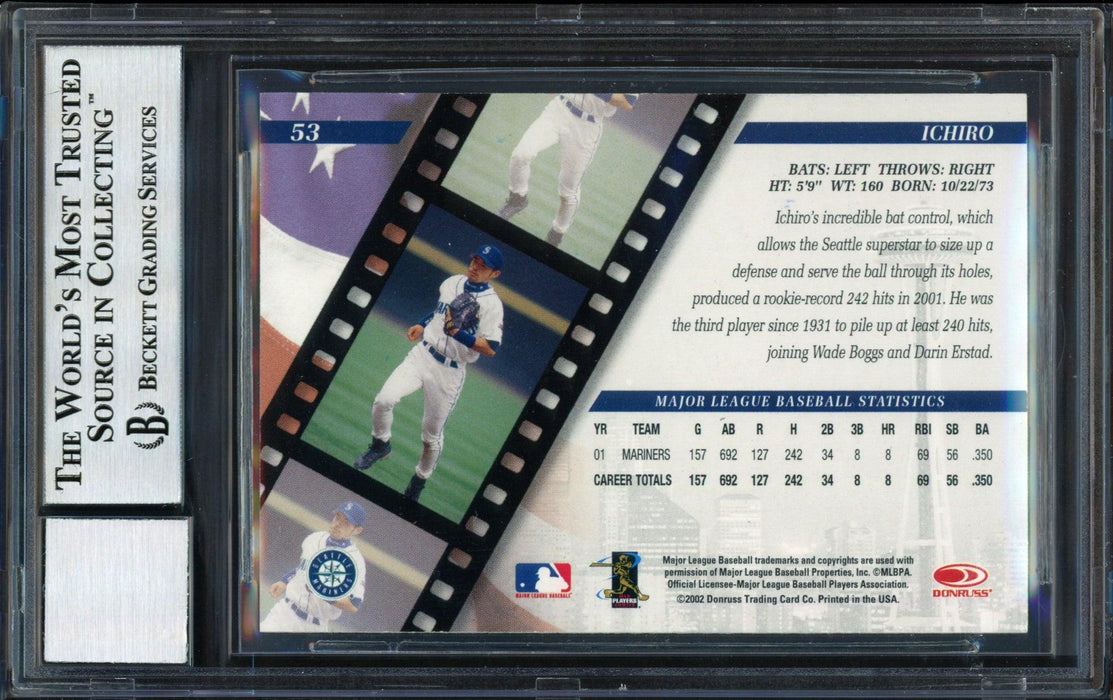 Ichiro Suzuki Autographed 2002 Donruss Studio Card #53 Seattle Mariners Auto Grade 10 Beckett BAS #12491121 - RSA