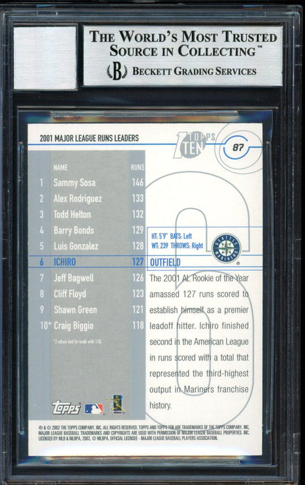 Ichiro Suzuki Autographed 2002 Topps Ten Card #87 Seattle Mariners Auto Grade 10 Beckett BAS #12491158 - RSA