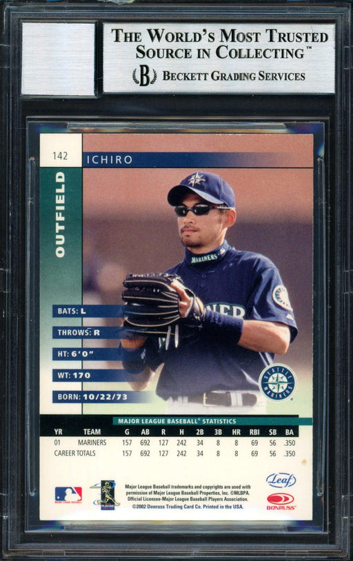 Ichiro Suzuki Autographed 2002 Leaf Card #142 Seattle Mariners Auto Grade 10 Beckett BAS #12491178 - RSA