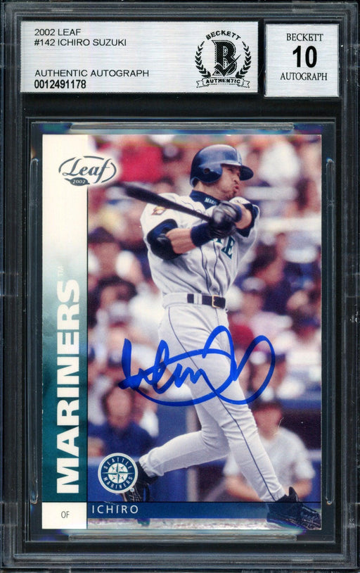 Ichiro Suzuki Autographed 2002 Leaf Card #142 Seattle Mariners Auto Grade 10 Beckett BAS #12491178 - RSA
