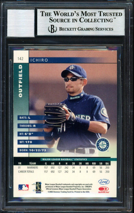Ichiro Suzuki Autographed 2002 Leaf Card #142 Seattle Mariners Auto Grade 10 Beckett BAS #12491179 - RSA