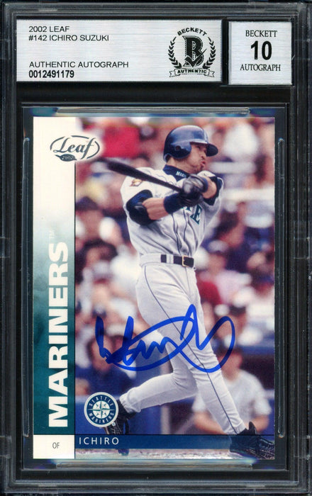 Ichiro Suzuki Autographed 2002 Leaf Card #142 Seattle Mariners Auto Grade 10 Beckett BAS #12491179 - RSA