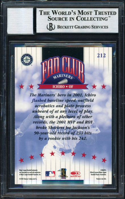 Ichiro Suzuki Autographed 2002 Donruss Fan Club Card #212 Seattle Mariners Auto Grade 10 Beckett BAS #12491182 - RSA