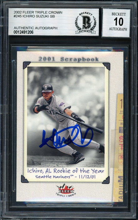 Ichiro Suzuki Autographed 2002 Fleer Triple Crown Scrapbook Card #245 Seattle Mariners Auto Grade 10 Beckett BAS #12491206 - RSA