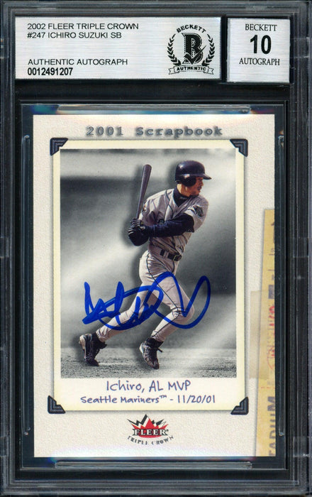 Ichiro Suzuki Autographed 2002 Fleer Triple Crown Scrapbook Card #247 Seattle Mariners Auto Grade 10 Beckett BAS #12491207 - RSA