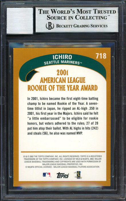 Ichiro Suzuki Autographed 2002 Topps Card #718 Seattle Mariners Auto Grade 10 Beckett BAS #12491244 - RSA
