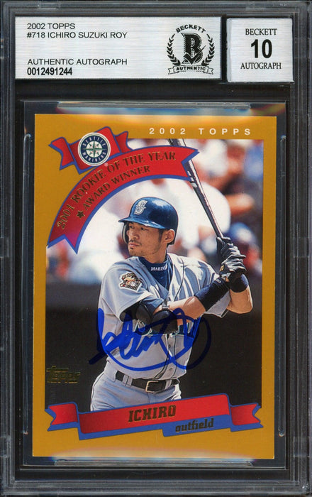Ichiro Suzuki Autographed 2002 Topps Card #718 Seattle Mariners Auto Grade 10 Beckett BAS #12491244 - RSA