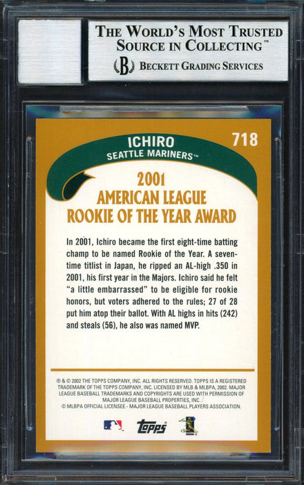 Ichiro Suzuki Autographed 2002 Topps Card #718 Seattle Mariners Auto Grade 10 Beckett BAS #12491245 - RSA