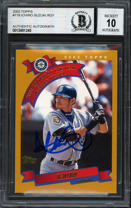 Ichiro Suzuki Autographed 2002 Topps Card #718 Seattle Mariners Auto Grade 10 Beckett BAS #12491245 - RSA