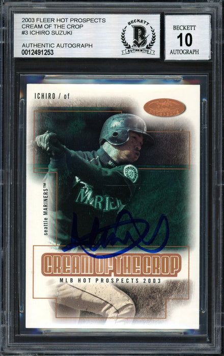 Ichiro Suzuki Autographed 2003 Fleer Hot Prospects Cream of the Crop Card #3 Seattle Mariners Auto Grade 10 Beckett BAS #12491253 - RSA