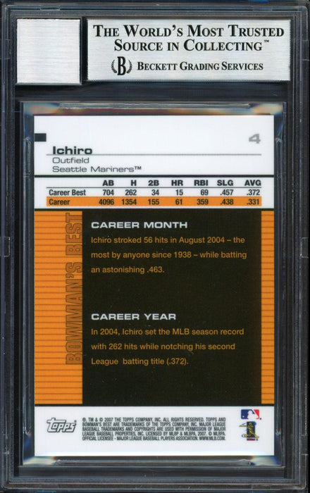 Ichiro Suzuki Autographed 2007 Bowman's Best Card #4 Seattle Mariners Auto Grade 10 Beckett BAS #12491471 - RSA