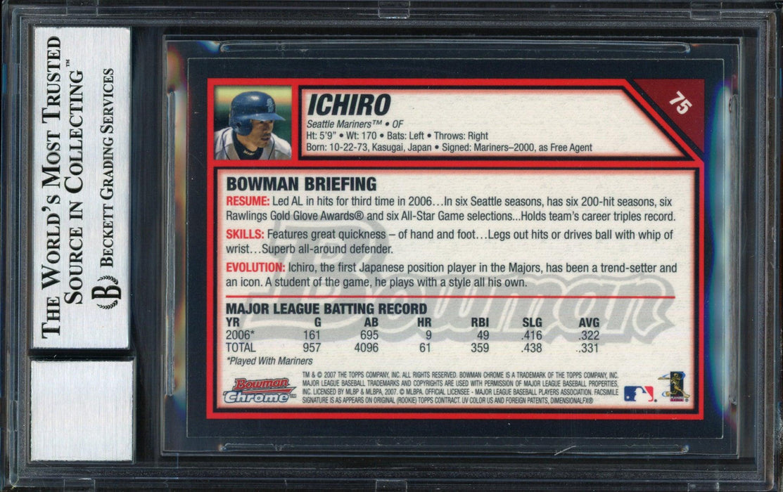 Ichiro Suzuki Autographed 2007 Bowman Chrome Card #75 Seattle Mariners Auto Grade 10 Beckett BAS #12491473 - RSA
