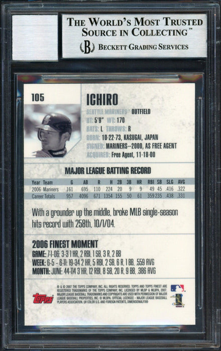 Ichiro Suzuki Autographed 2007 Topps Finest Card #105 Seattle Mariners Auto Grade 10 Beckett BAS #12491480 - RSA