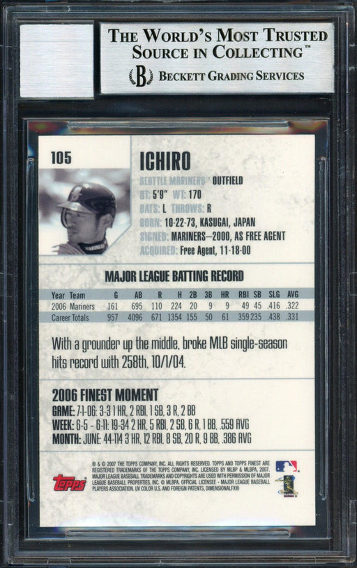 Ichiro Suzuki Autographed 2007 Topps Finest Card #105 Seattle Mariners Auto Grade 10 Beckett BAS #12491480 - RSA