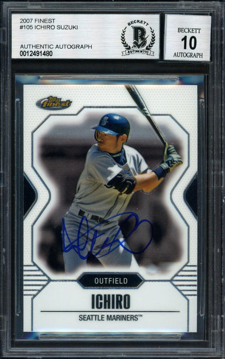 Ichiro Suzuki Autographed 2007 Topps Finest Card #105 Seattle Mariners Auto Grade 10 Beckett BAS #12491480 - RSA