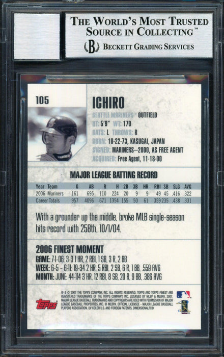 Ichiro Suzuki Autographed 2007 Topps Finest Card #105 Seattle Mariners Auto Grade 10 Beckett BAS #12491481 - RSA