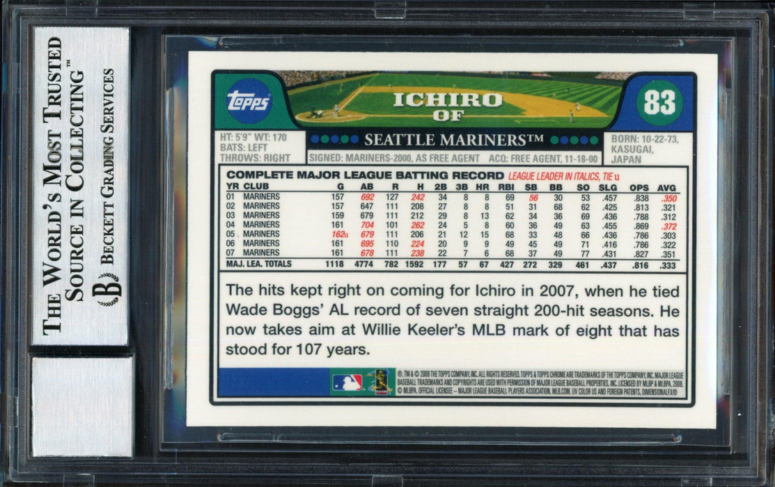 Ichiro Suzuki Autographed 2008 Topps Chrome Card #83 Seattle Mariners Auto Grade 10 Beckett BAS #12491500 - RSA