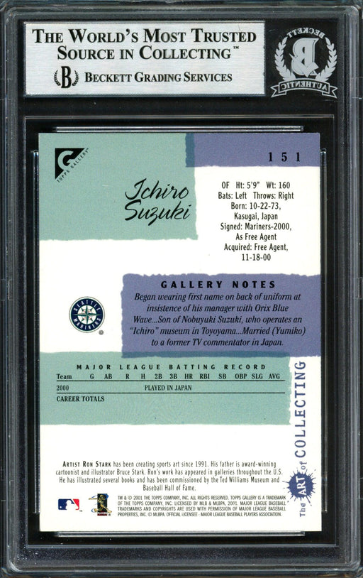 Ichiro Suzuki Autographed 2001 Topps Gallery English Rookie Card #151 Seattle Mariners Beckett BAS #12491649 - RSA