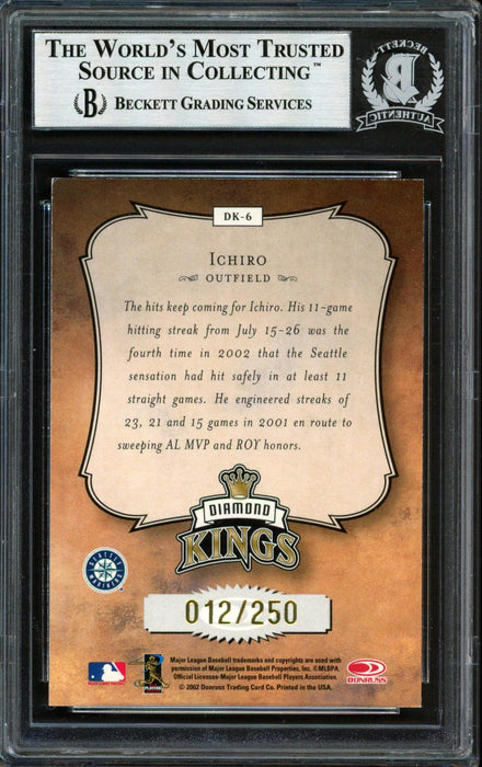 Ichiro Suzuki Autographed 2003 Donruss Diamond Kings Studio Series Card #DK-6 Seattle Mariners #12/250 Beckett BAS #12492183 - RSA