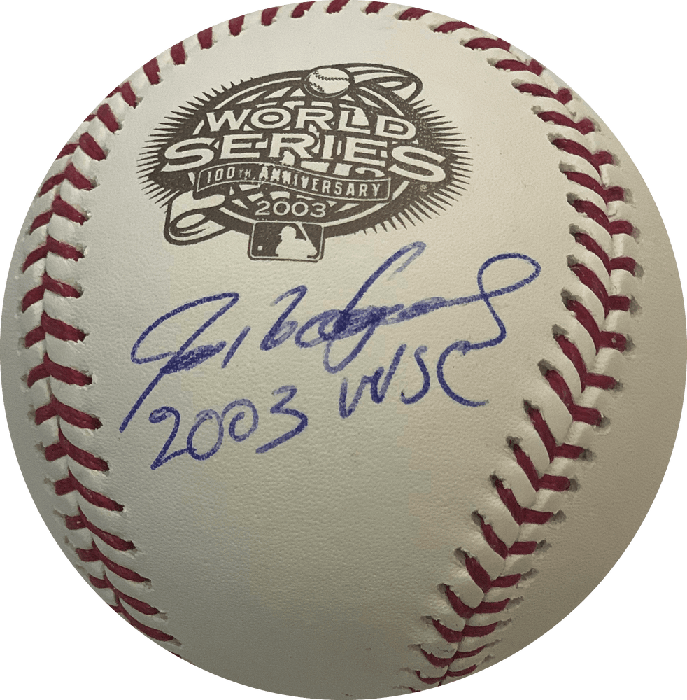 Ivan Rodriguez Autographed Rawlings 2003 World Series Baseball Official Baseball (JSA) w/ W.S. Champs Inscription - RSA