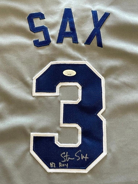 Steve Sax Signed 82 NL ROY Inscription Los Angeles Grey Baseball Jersey (JSA) - RSA