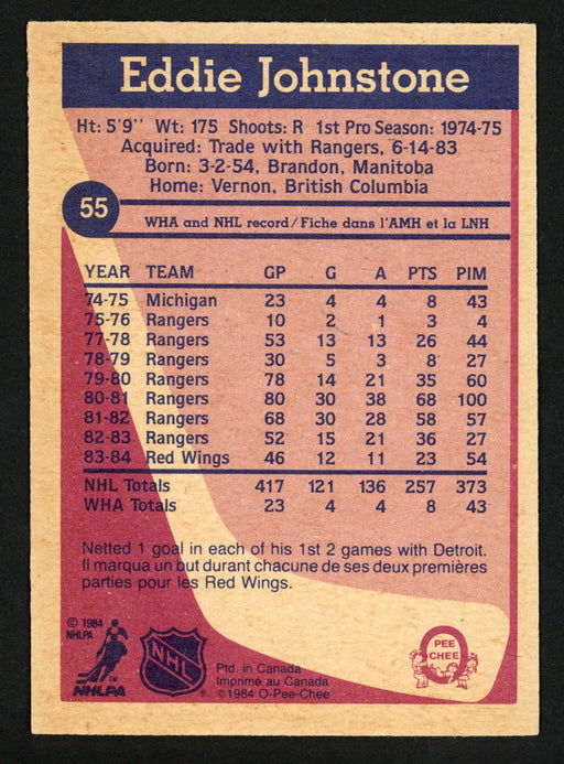 Ed "Eddie" Johnstone Autographed 1984-85 O-Pee-Chee Card #55 Detroit Red Wings SKU #151787 - RSA