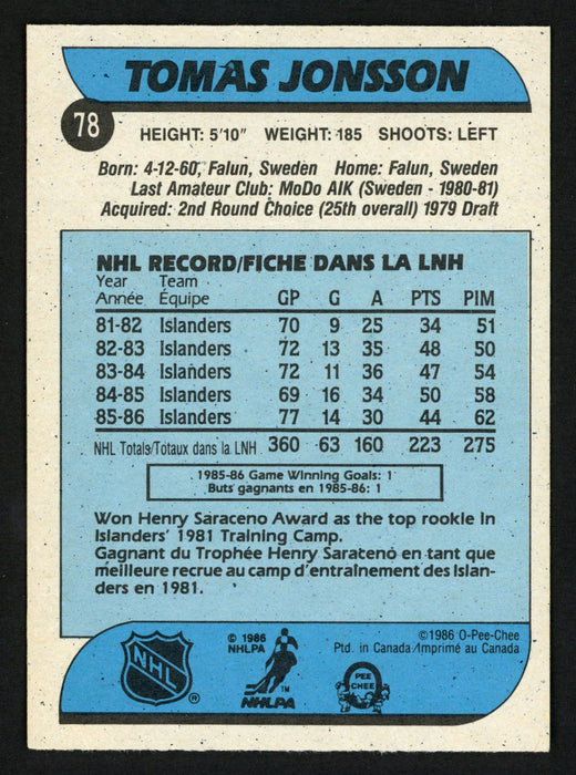 Tomas Jonsson Autographed 1986-87 O-Pee-Chee Card #78 New York Islanders SKU #151941 - RSA