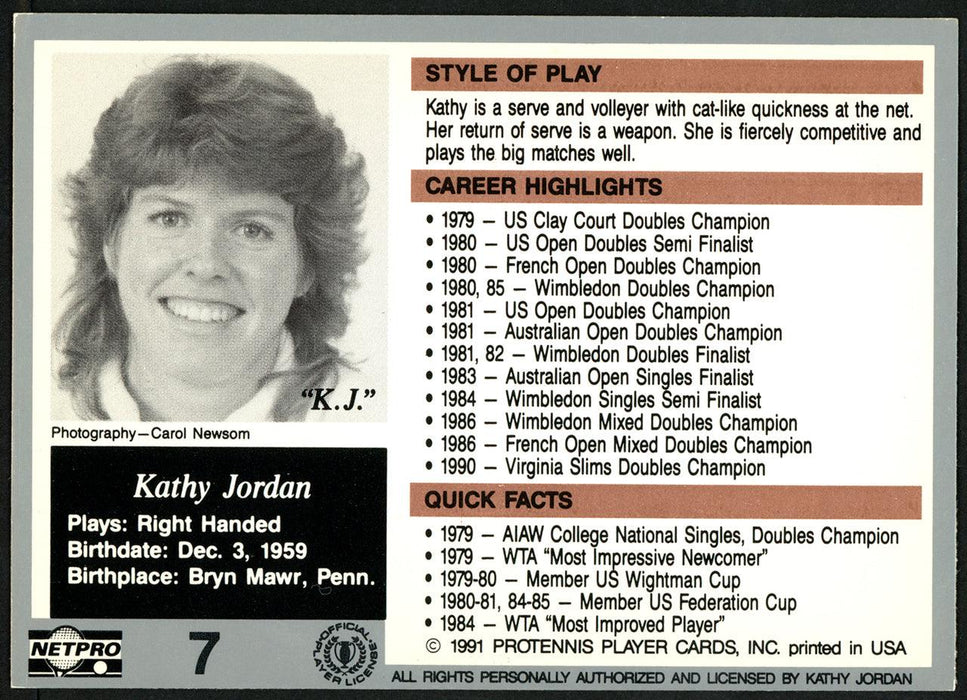 Kathy Jordan Autographed 1991 NetPro The Legends Card #7 SKU #148265 - RSA