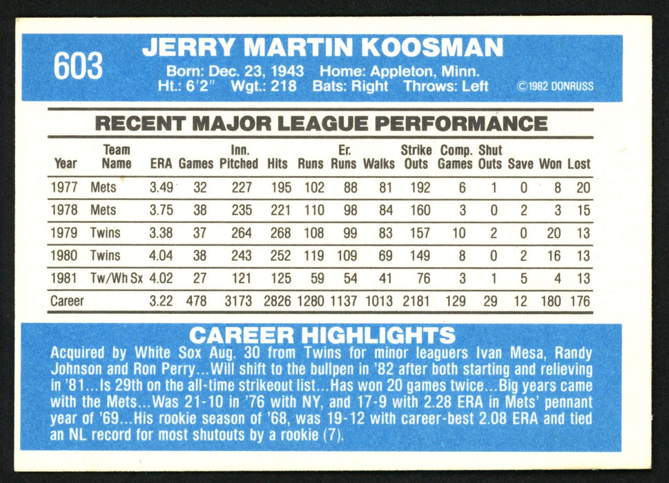 Jerry Koosman Autographed 1982 Donruss Card #603 Chicago White Sox SKU #149992 - RSA