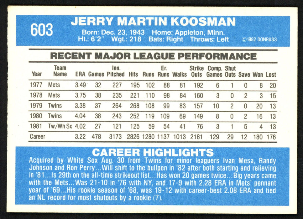 Jerry Koosman Autographed 1982 Donruss Card #603 Chicago White Sox SKU #149990 - RSA