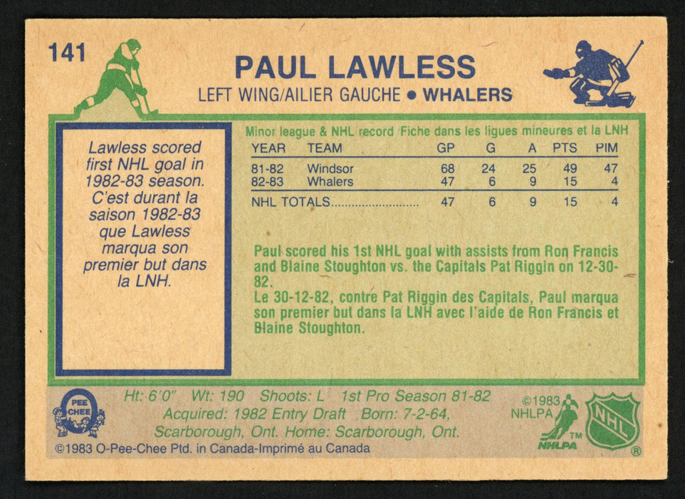 Paul Lawless Autographed 1983-84 O-Pee-Chee Rookie Card #141 Hartford Whalers SKU #150229 - RSA