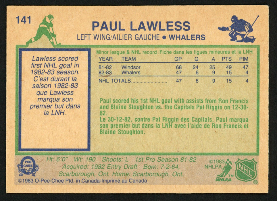 Paul Lawless Autographed 1983-84 O-Pee-Chee Rookie Card #141 Hartford Whalers SKU #150228 - RSA