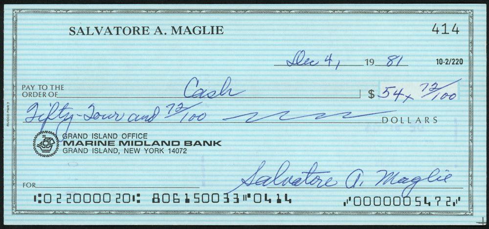 Sal Maglie Autographed 3x6 Check Brooklyn Dodgers, New York Yankees SKU #147871 - RSA