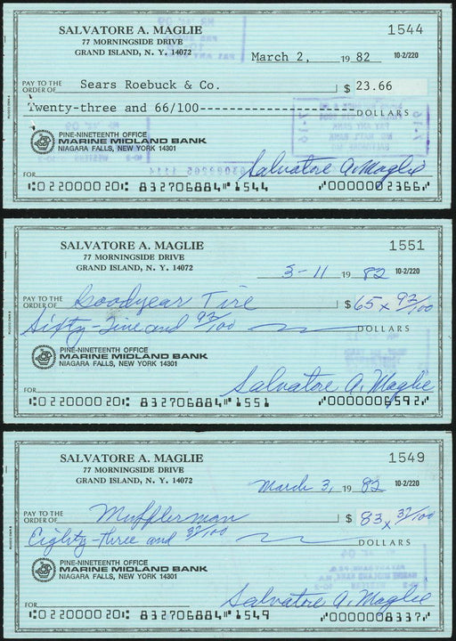 Sal Maglie Autographed 3x6 Check Brooklyn Dodgers, New York Yankees Lot Of 30 SKU #147841 - RSA