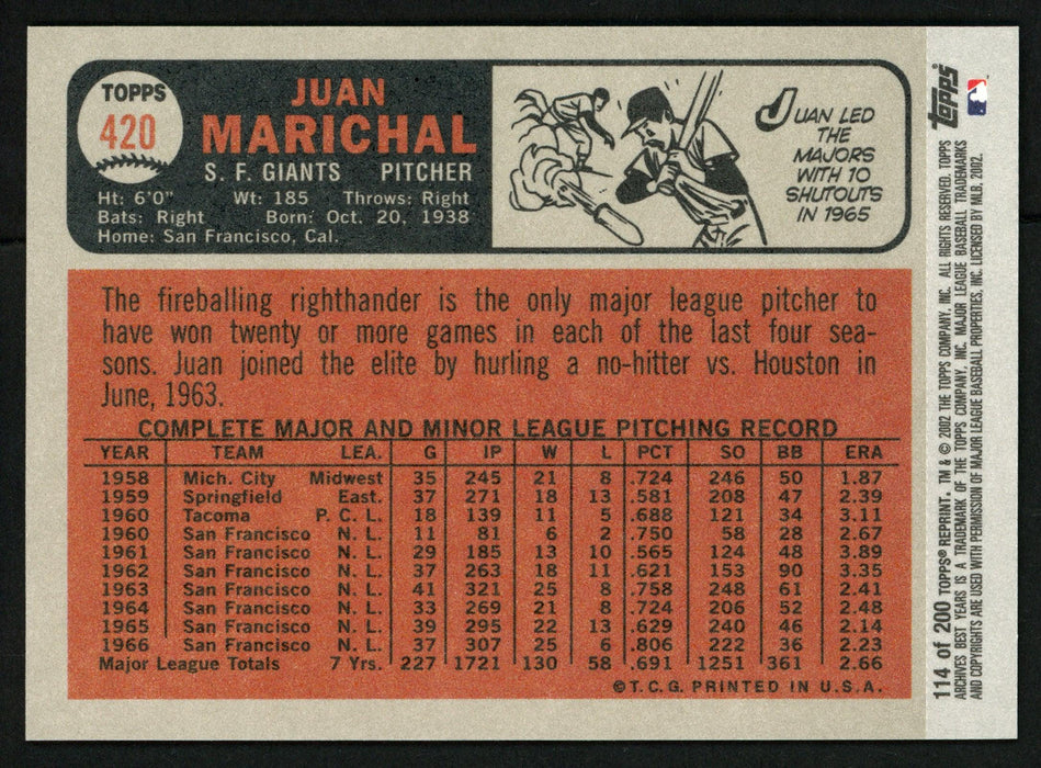 Juan Marichal Autographed 2002 Topps Archives 1966 Topps Reprint Card #114 San Francisco Giants Stock #152111 - RSA