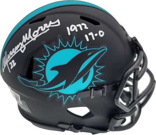 Mercury Morris Autographed Miami Dolphins Eclipse Black Speed Mini Helmet "1972 17-0" Beckett BAS QR Stock #194067 - RSA