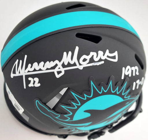 Mercury Morris Autographed Miami Dolphins Eclipse Black Speed Mini Helmet "1972 17-0" Beckett BAS QR Stock #194067 - RSA