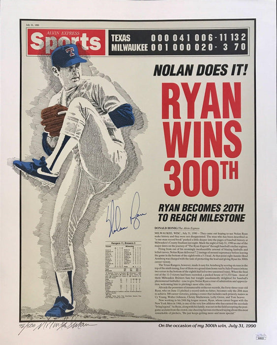 nolan ryan signed 16x20 300th win litho with artist signature jsa nn58233 certificate of authenticity