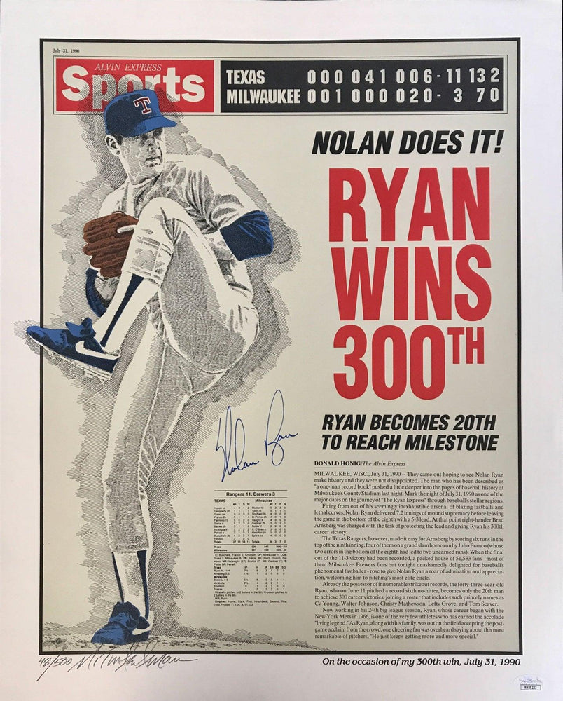 nolan ryan signed 16x20 300th win litho with artist signature jsa nn58233 certificate of authenticity