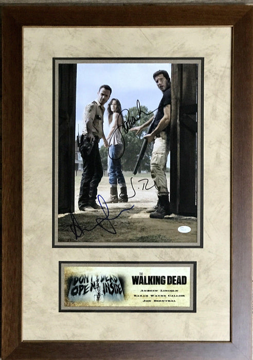 andrew lincolnjon bernthal sarah wayne callies signed framed autograph display the walking deadseaso certificate of authenticity