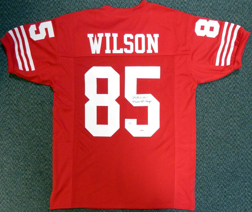 San Francisco 49ers Mike Wilson Autographed Red Jersey "4X SB Champs!" PSA/DNA Stock #104071 - RSA