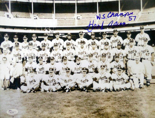 Hank Aaron Autographed 11x14 Photo Milwaukee Braves "WS Champs 57" JSA #M61836 - RSA