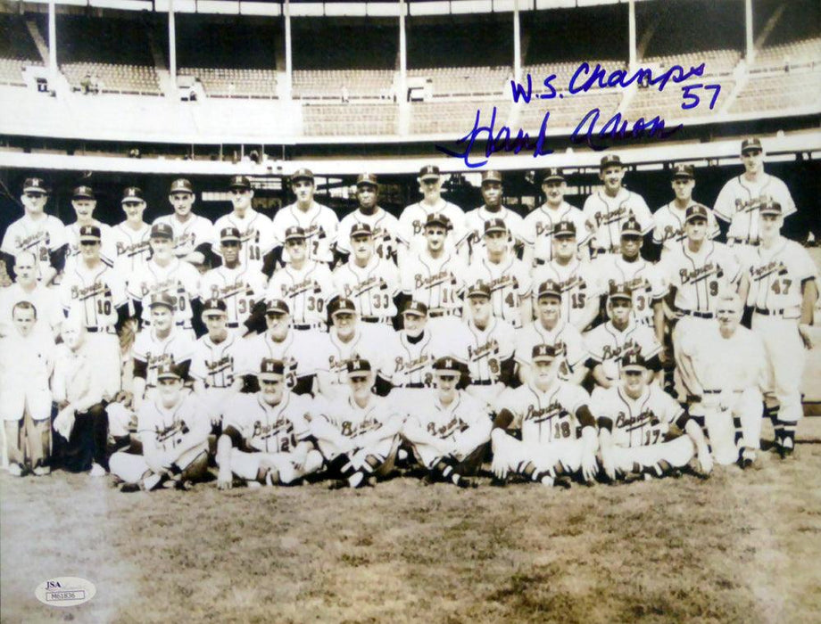Hank Aaron Autographed 11x14 Photo Milwaukee Braves "WS Champs 57" JSA #M61836 - RSA