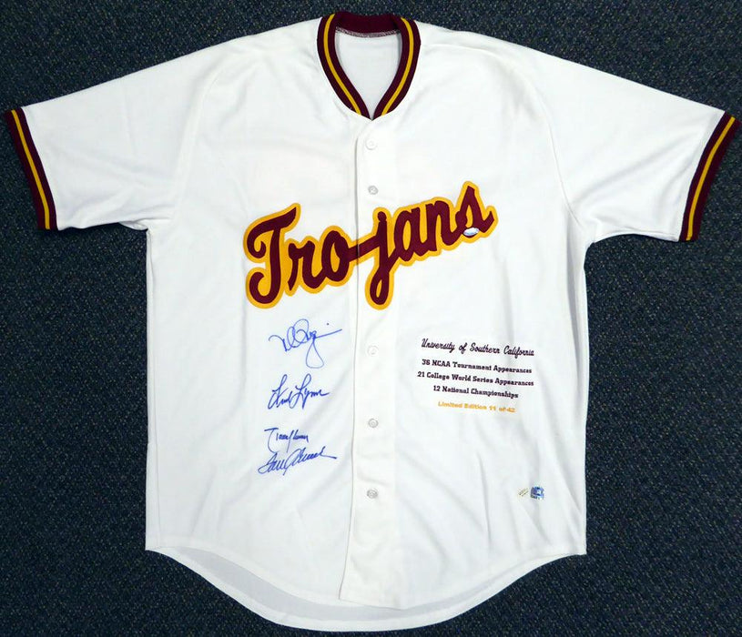 USC Tojans Legends Autographed White Jersey With 4 Signatures Including Tom Seaver, Mark McGwire, Randy Johnson & Fred Lynn Limited Edition #/42 Steiner Holo Stock #112675 - RSA