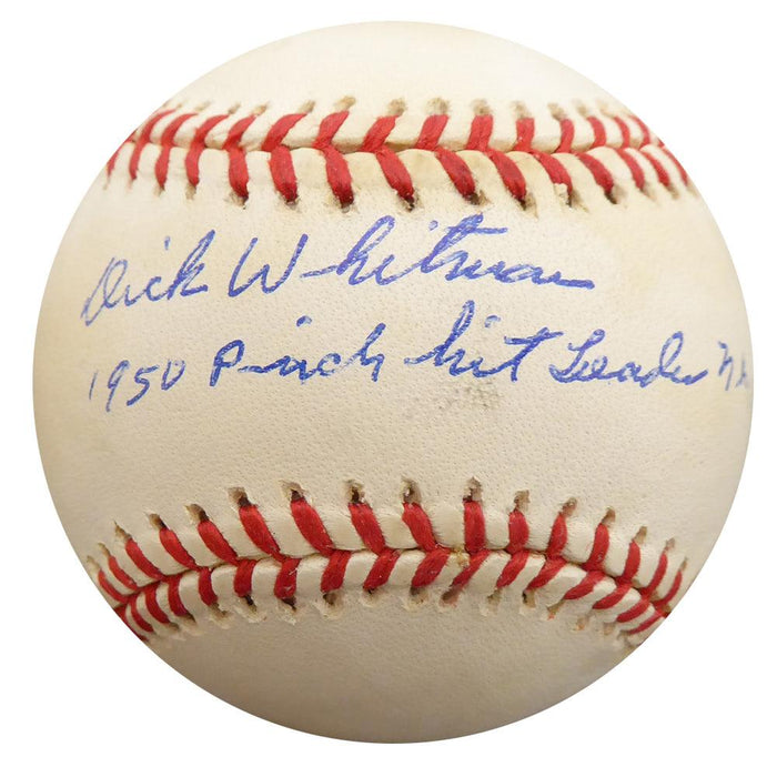 Dick Whitman Autographed Official NL Baseball Brooklyn Dodgers "1950 Pinch Hit Leader NL" Beckett BAS #F27823 - RSA