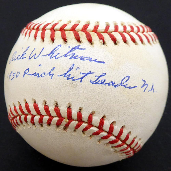 Dick Whitman Autographed Official NL Baseball Brooklyn Dodgers "1950 Pinch Hit Leader NL" Beckett BAS #F27823 - RSA