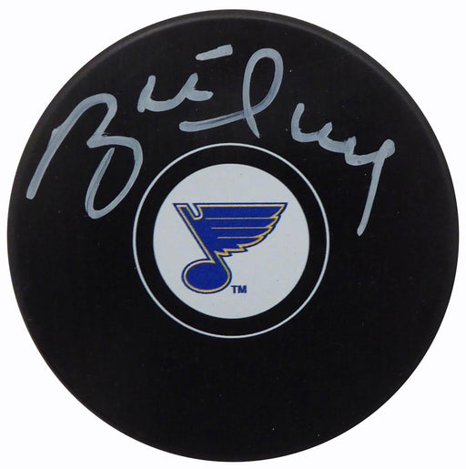 Brett Hull Autographed Official St. Louis Blues Logo Puck In White Beckett BAS Stock #152346 - RSA