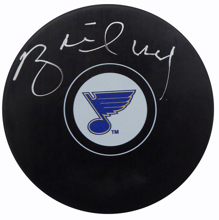 Brett Hull Autographed Official St. Louis Blues Logo Puck In Thin Silver Beckett BAS Stock #152348 - RSA