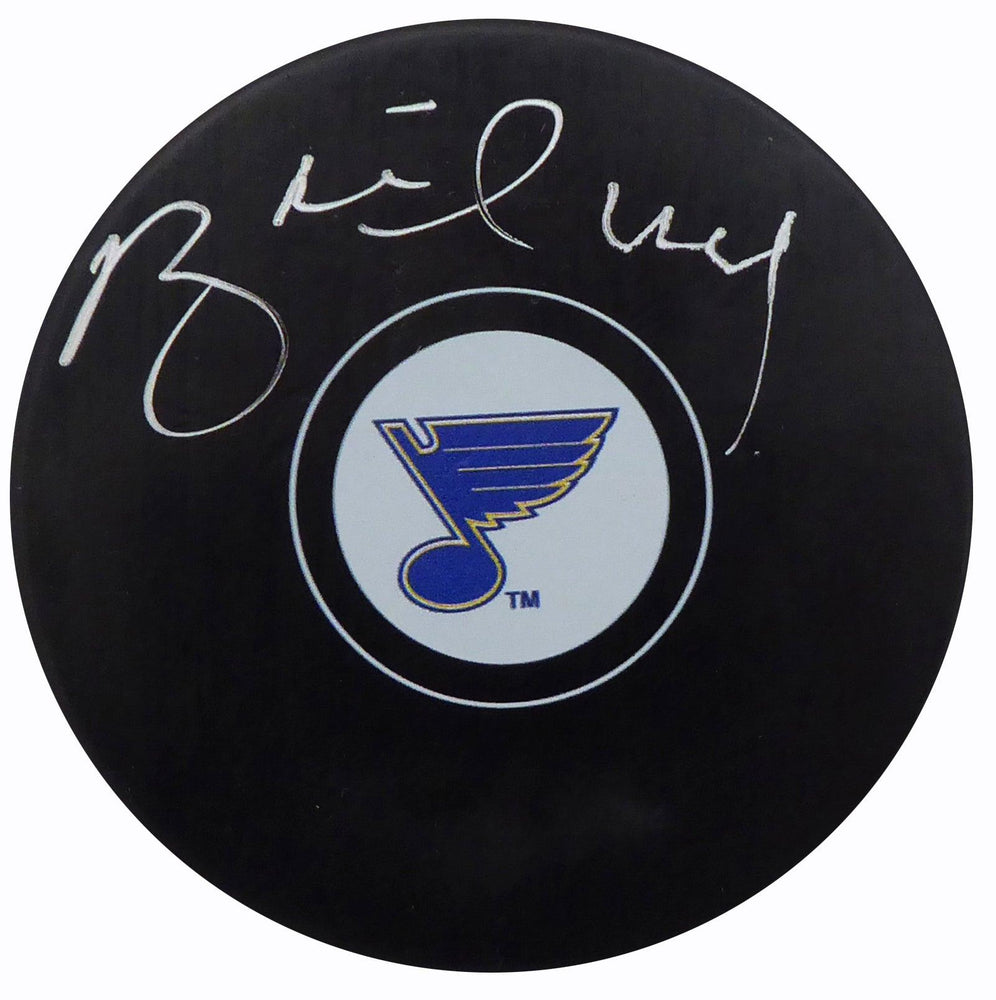 Brett Hull Autographed Official St. Louis Blues Logo Puck In Thin Silver Beckett BAS Stock #152348 - RSA